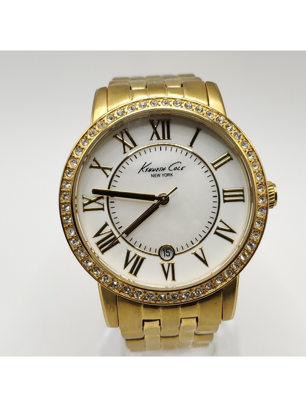 Kenneth Cole New York Watch Women New Battery MOP Date Dial Gold Tone 35mm